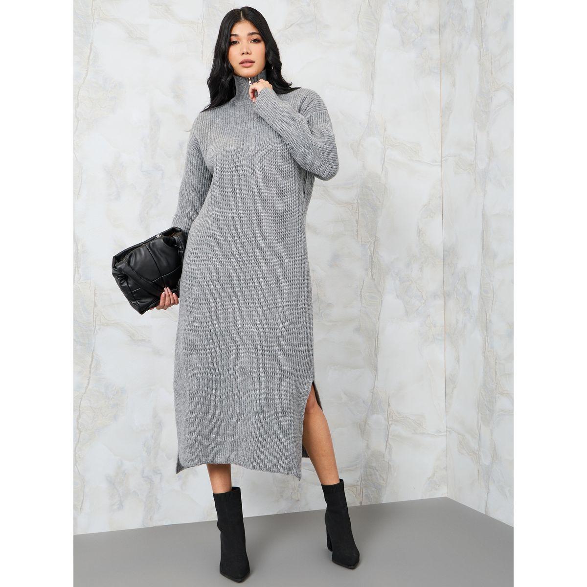 Styli Solid Half Zip Knit Sweater Midi Dress-women-clothing-dresses-image-1