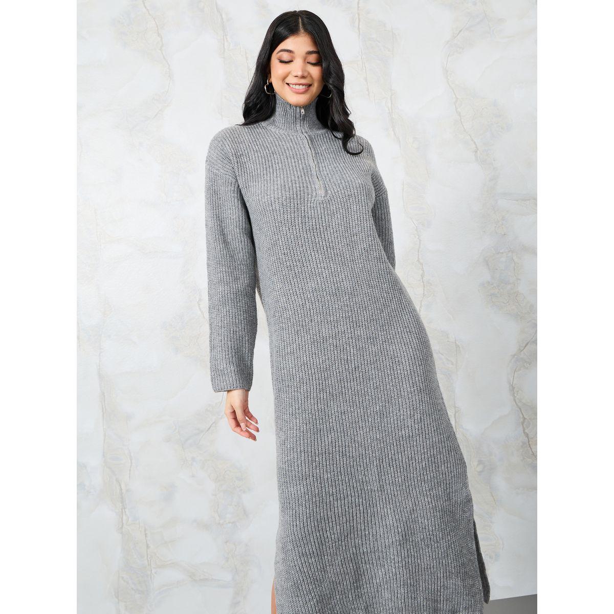 Styli Solid Half Zip Knit Sweater Midi Dress-women-clothing-dresses-image-2