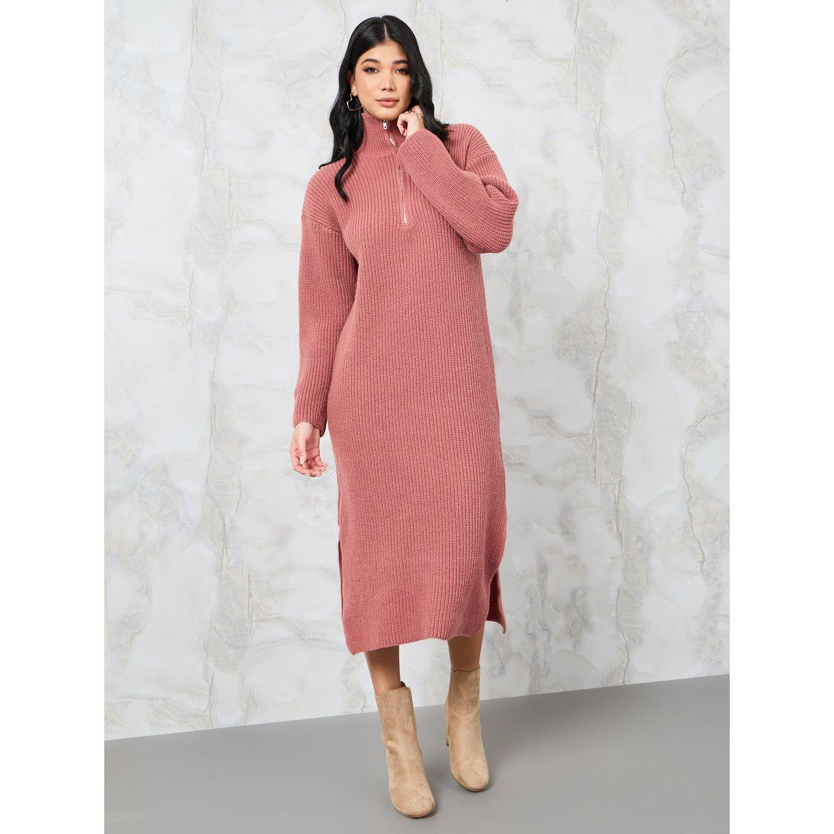 Styli Solid Half Zip Knit Sweater Midi Dress-women-clothing-dresses-image-1