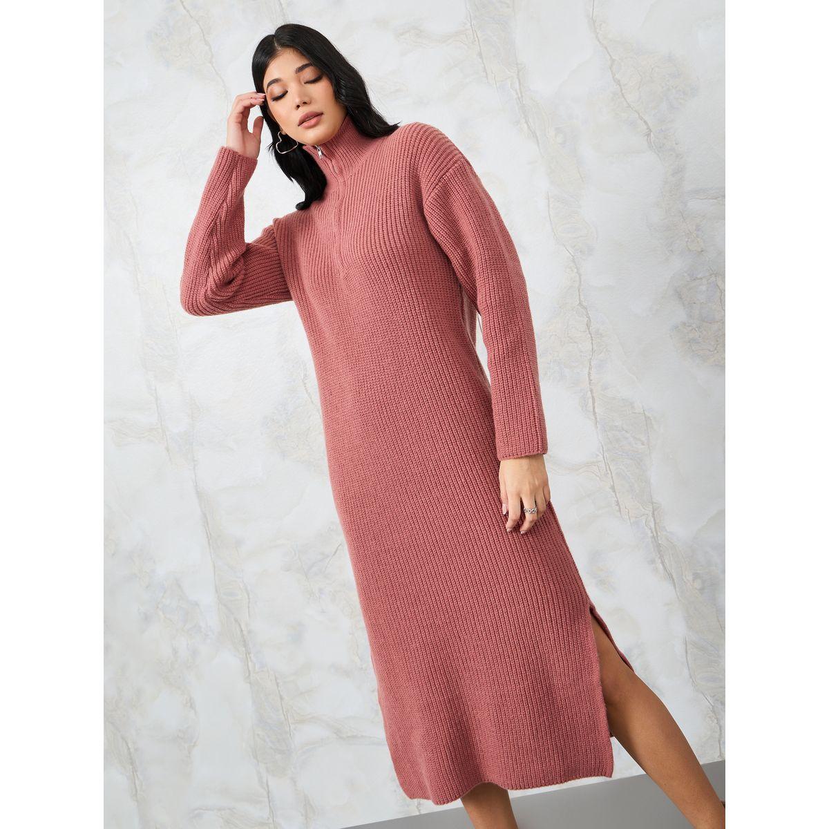 Styli Solid Half Zip Knit Sweater Midi Dress-women-clothing-dresses-image-2