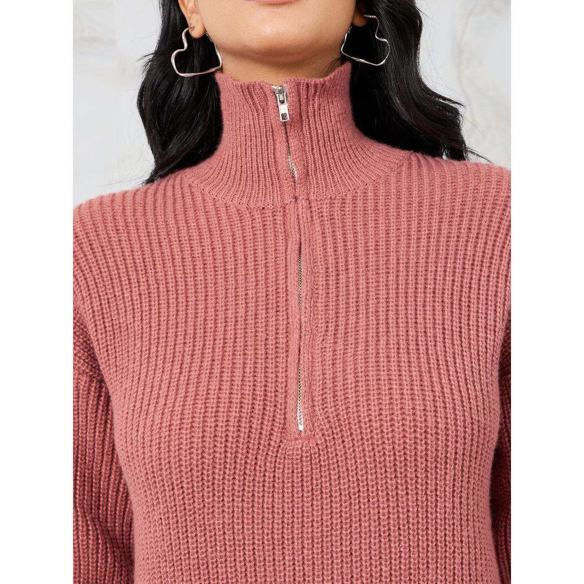 Styli Solid Half Zip Knit Sweater Midi Dress-women-clothing-dresses-image-3