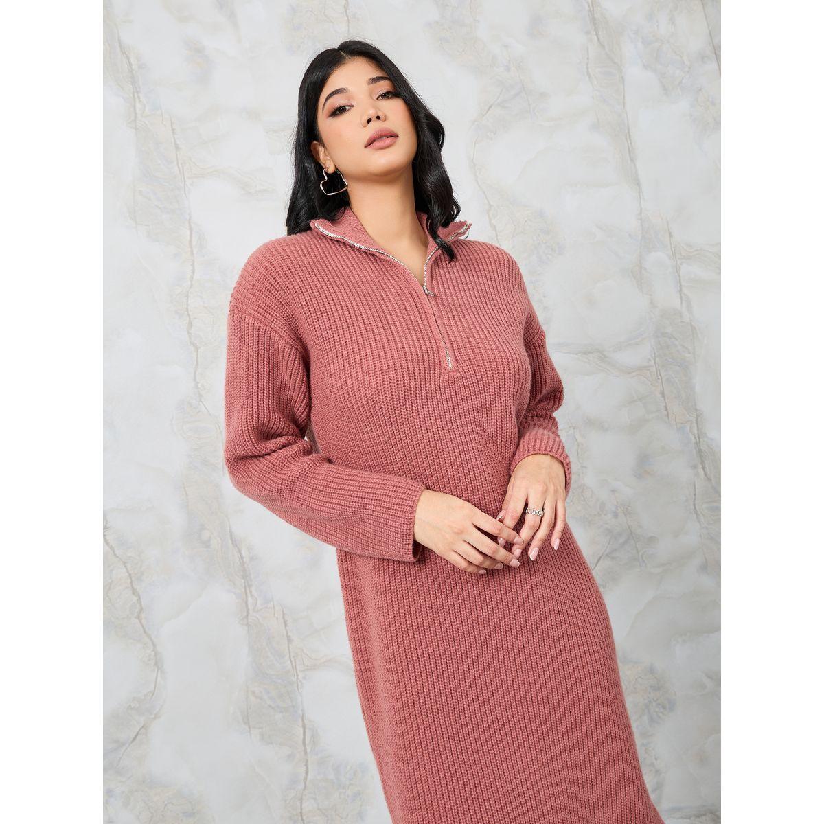 Styli Solid Half Zip Knit Sweater Midi Dress-women-clothing-dresses-image-5