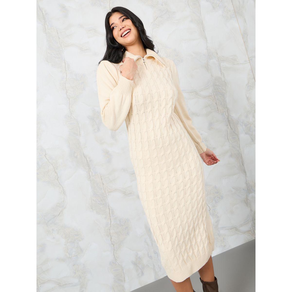 Styli Chunky Knit Zipped Collar Sweater Midi Dress-women-clothing-dresses-image-2