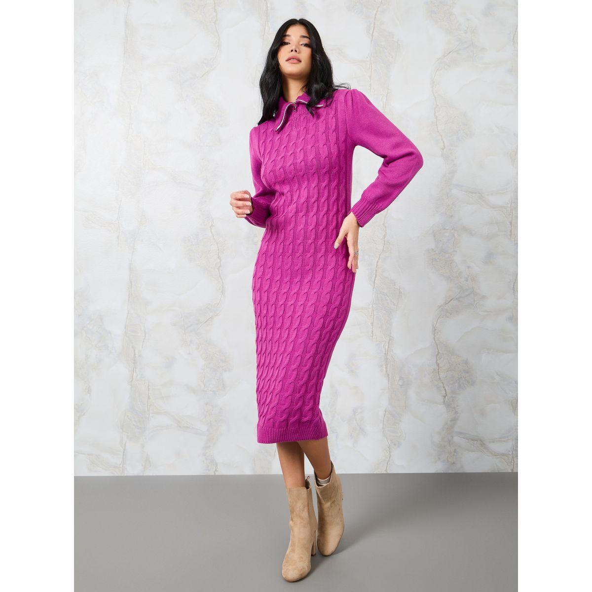 Styli Chunky Knit Zipped Collar Midi Sweater Dress-women-clothing-dresses-image-1