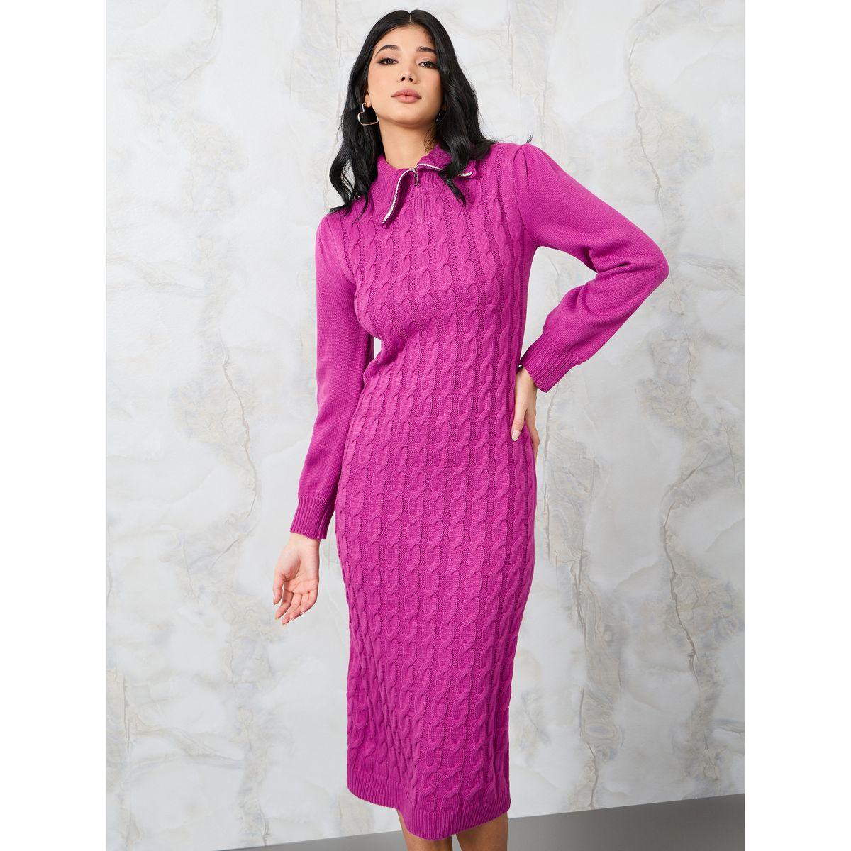 Styli Chunky Knit Zipped Collar Midi Sweater Dress-women-clothing-dresses-image-2