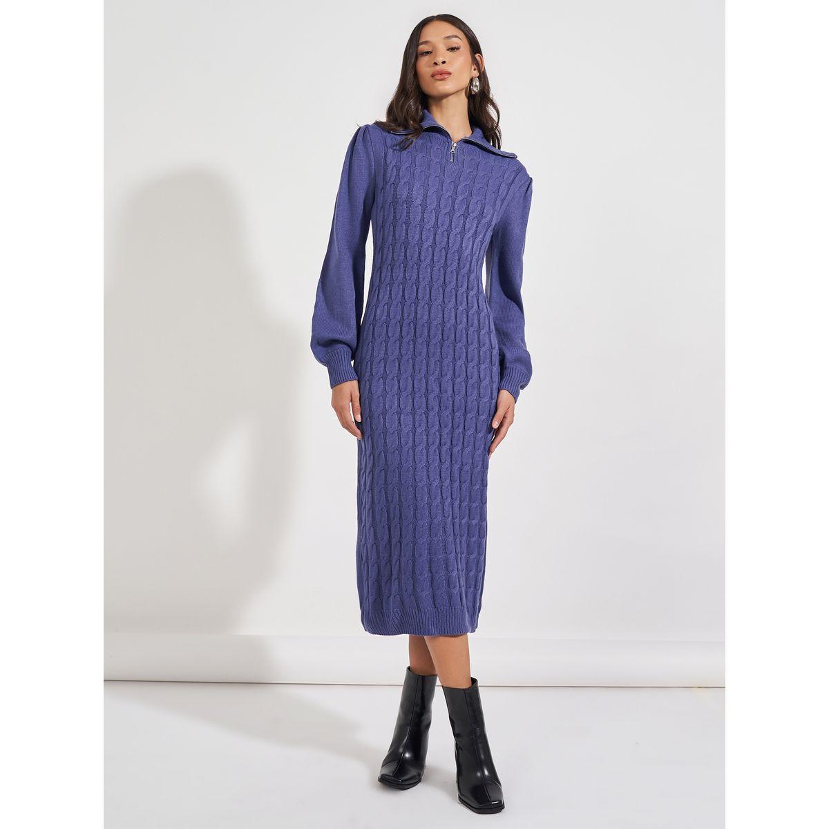Styli Chunky Knit Zipped Collar Sweater Midi Dress-women-clothing-dresses-image-1