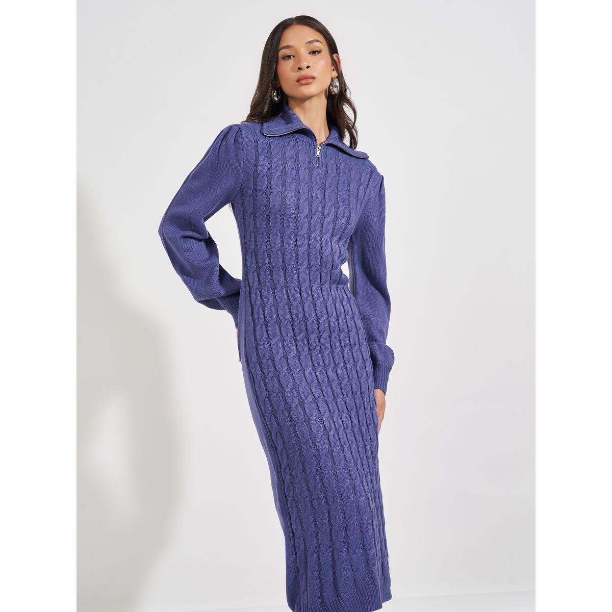 Styli Chunky Knit Zipped Collar Sweater Midi Dress-women-clothing-dresses-image-2