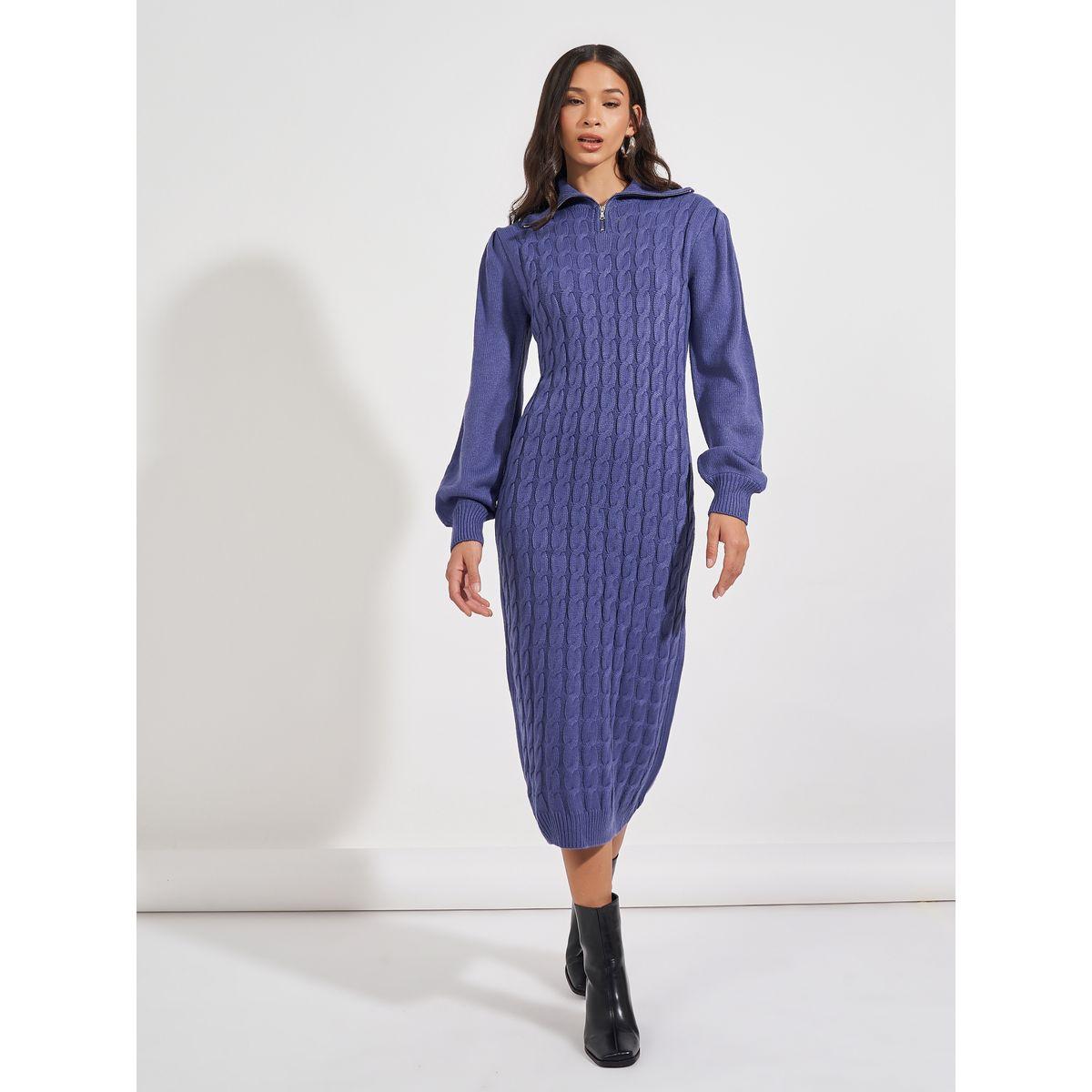 Styli Chunky Knit Zipped Collar Sweater Midi Dress-women-clothing-dresses-image-4