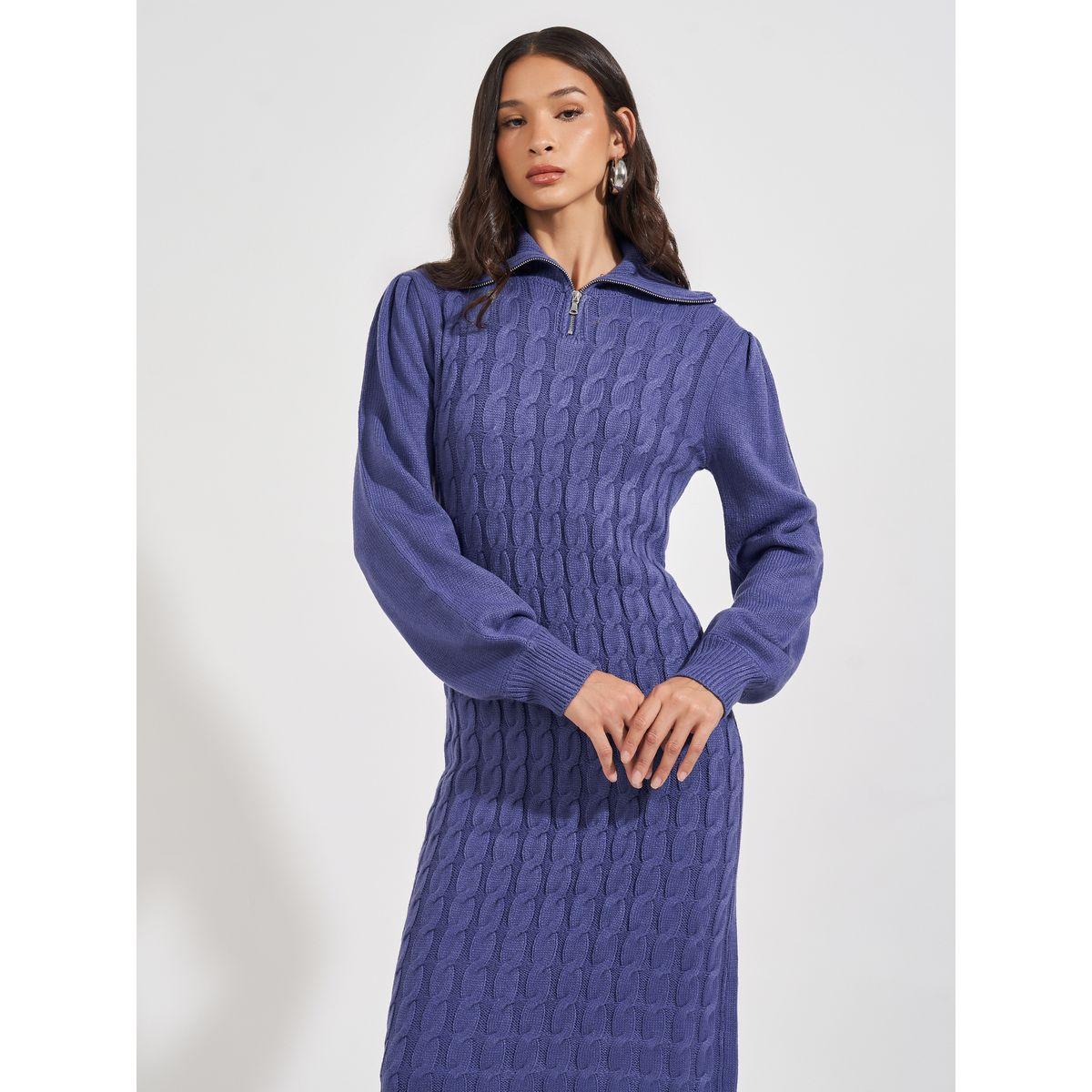 Styli Chunky Knit Zipped Collar Sweater Midi Dress-women-clothing-dresses-image-5