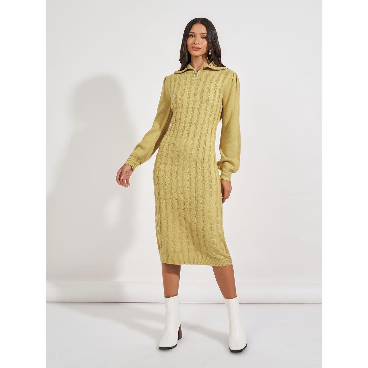 Styli Chunky Knit Zipped Collar Sweater Midi Dress-women-clothing-dresses-image-1