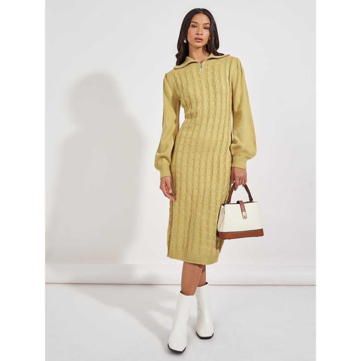 Styli Chunky Knit Zipped Collar Sweater Midi Dress-women-clothing-dresses-image-3