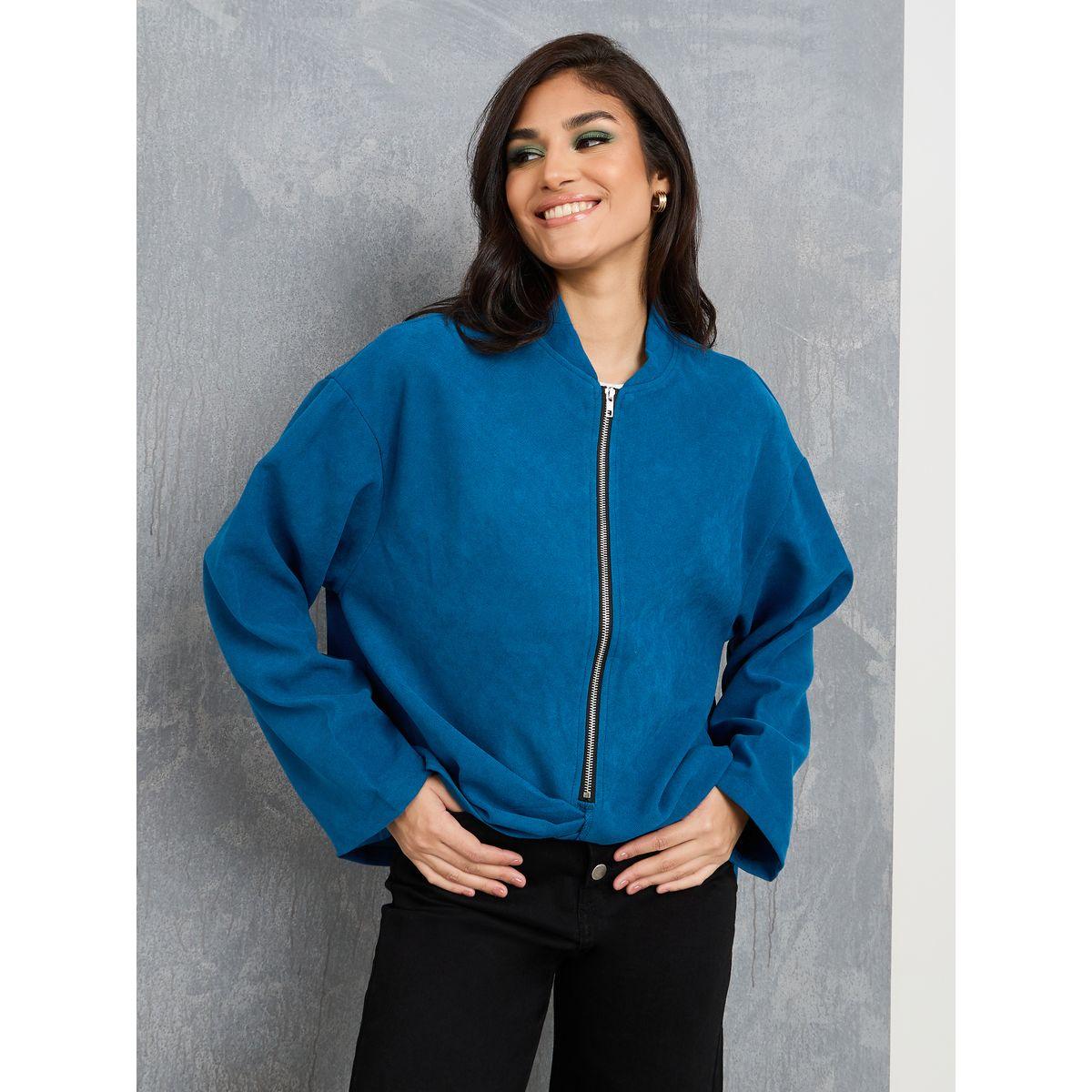 Styli Solid Oversized Suede Zip Up Jacket-women-clothing-coatsandjackets-coats-image-2
