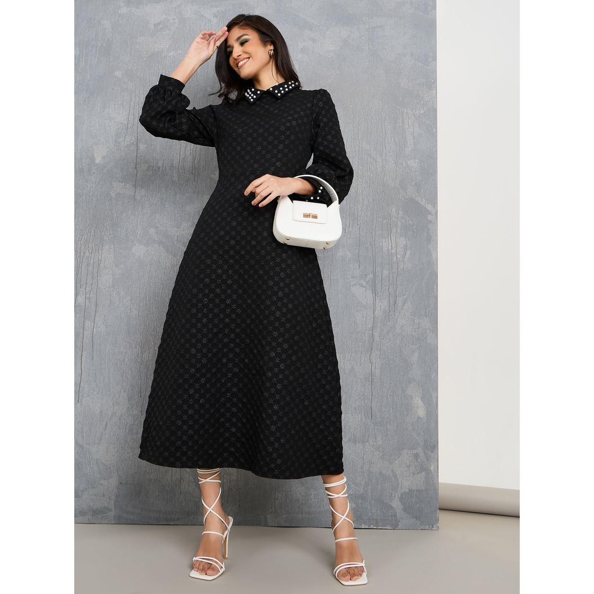 فستان ميدي مزين بلؤلؤ صناعي-women-clothing-dresses-image-1