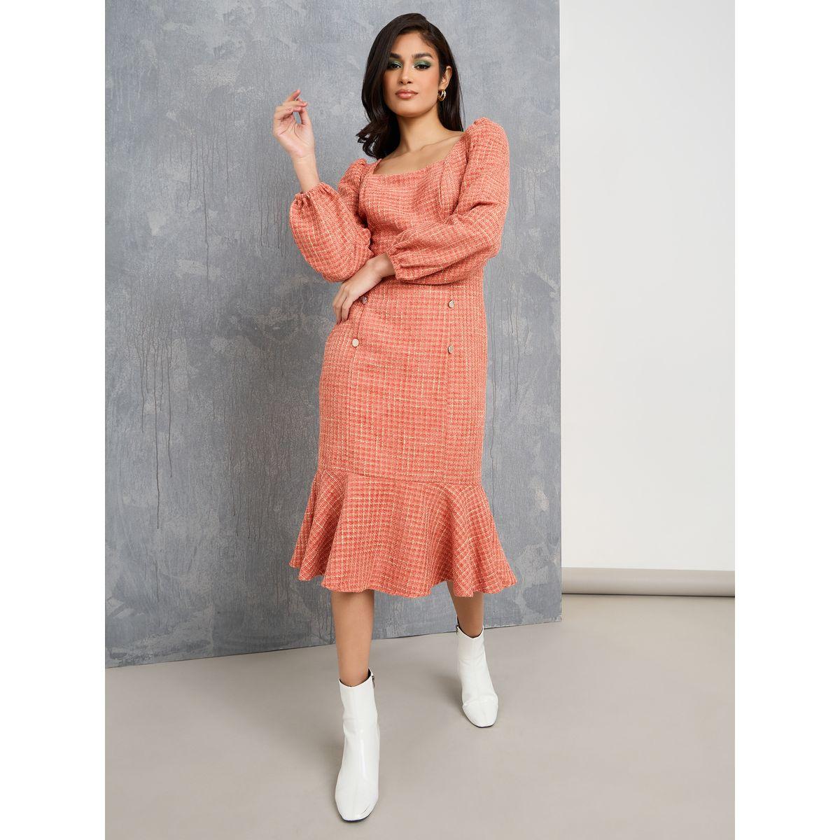 Styli Tweed Mermaid Hem Midi Dress with Buttons-women-clothing-dresses-image-1