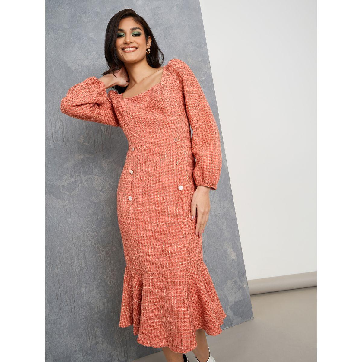 Styli Tweed Mermaid Hem Midi Dress with Buttons-women-clothing-dresses-image-2