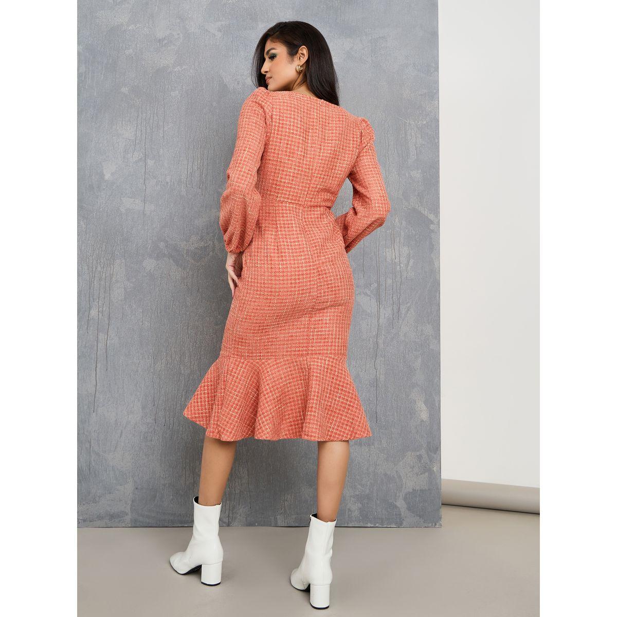 Styli Tweed Mermaid Hem Midi Dress with Buttons-women-clothing-dresses-image-4