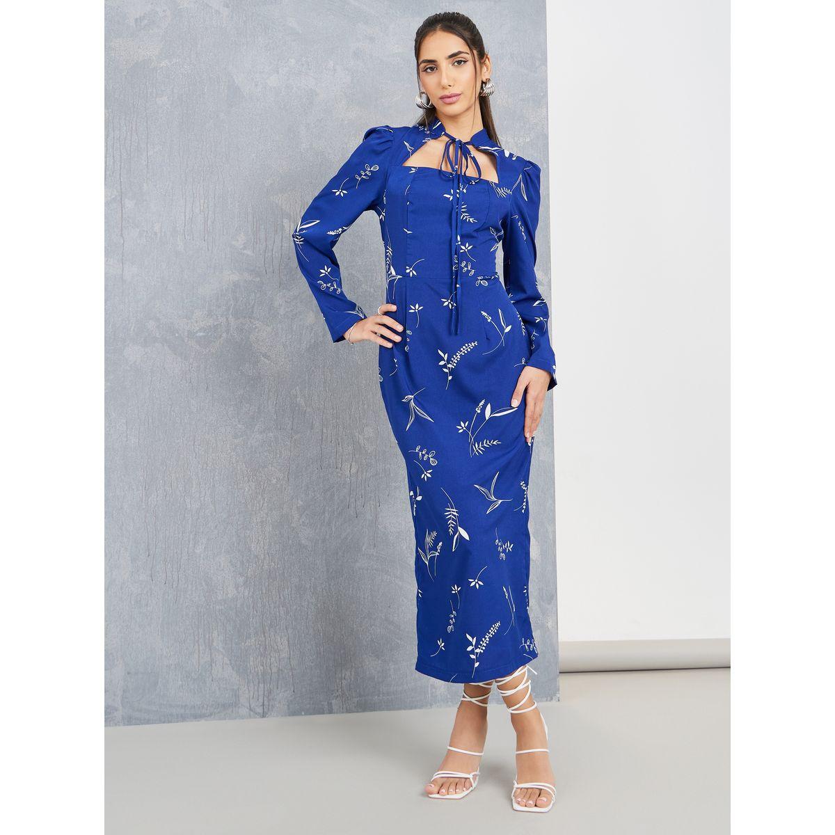 Styli Floral Print Tie-Up Neck Sheath Midi Dress-women-clothing-dresses-image-1