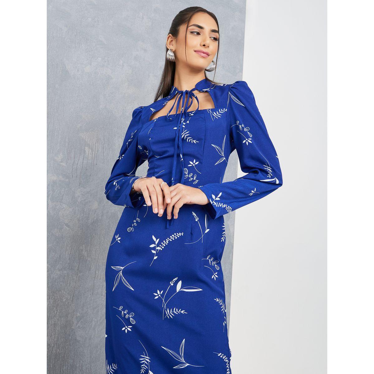 Styli Floral Print Tie-Up Neck Sheath Midi Dress-women-clothing-dresses-image-2