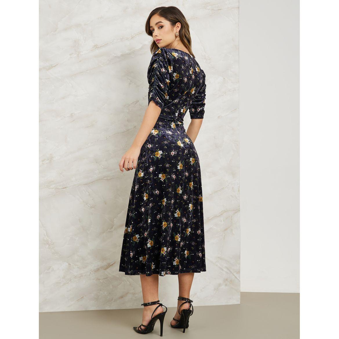 Styli Floral Print Midi Dress with Ruched Sleeve-women-clothing-dresses-image-4