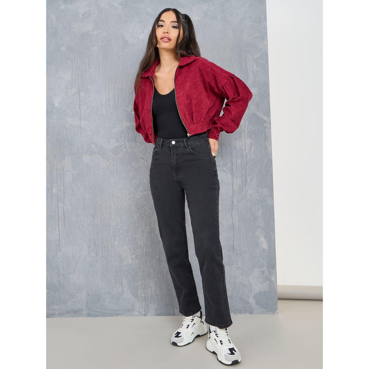 Styli Drop Shoulder Zip Up Corduroy Jacket-women-winterwear-coatsandjackets-jackets-image-3
