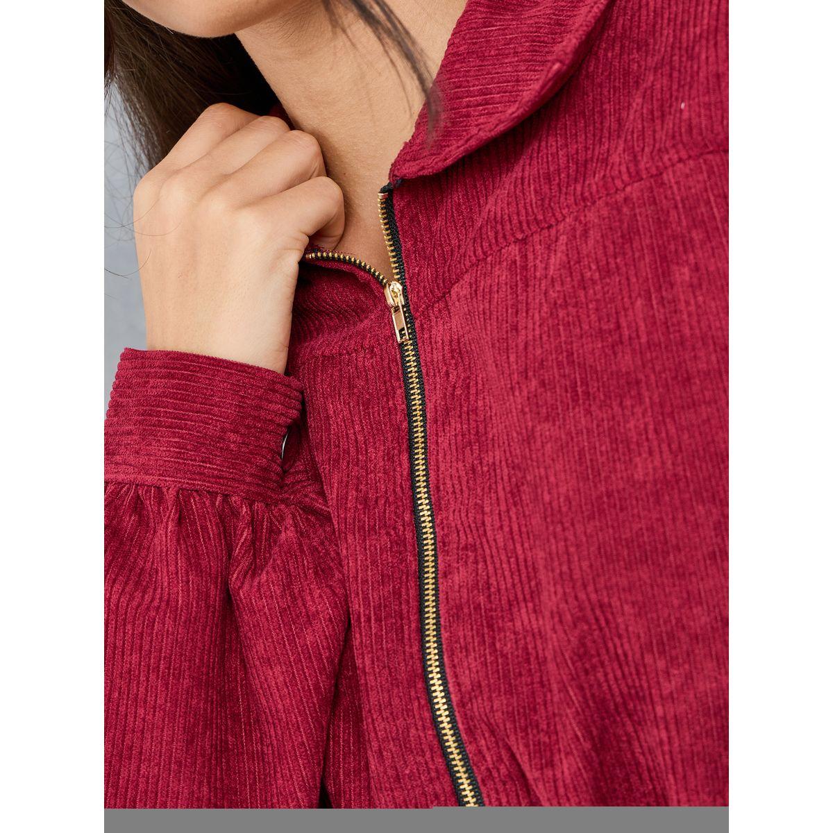 Styli Drop Shoulder Zip Up Corduroy Jacket-women-winterwear-coatsandjackets-jackets-image-4