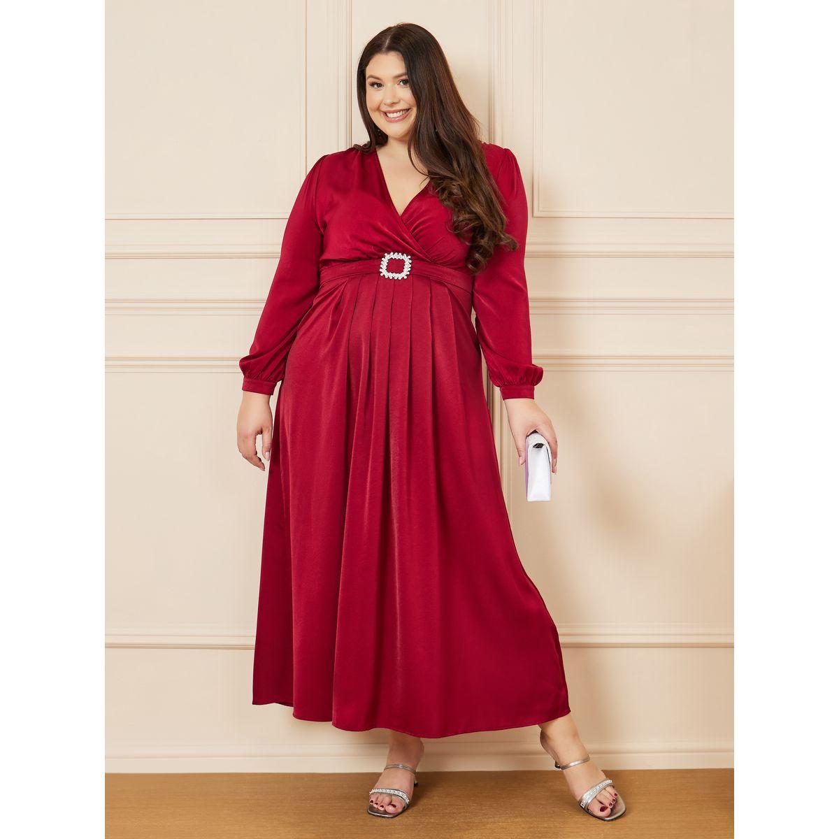 Styli Plus Embellished Buckle Pleated A-Line Maxi Dress-women-clothing-dresses-image-1