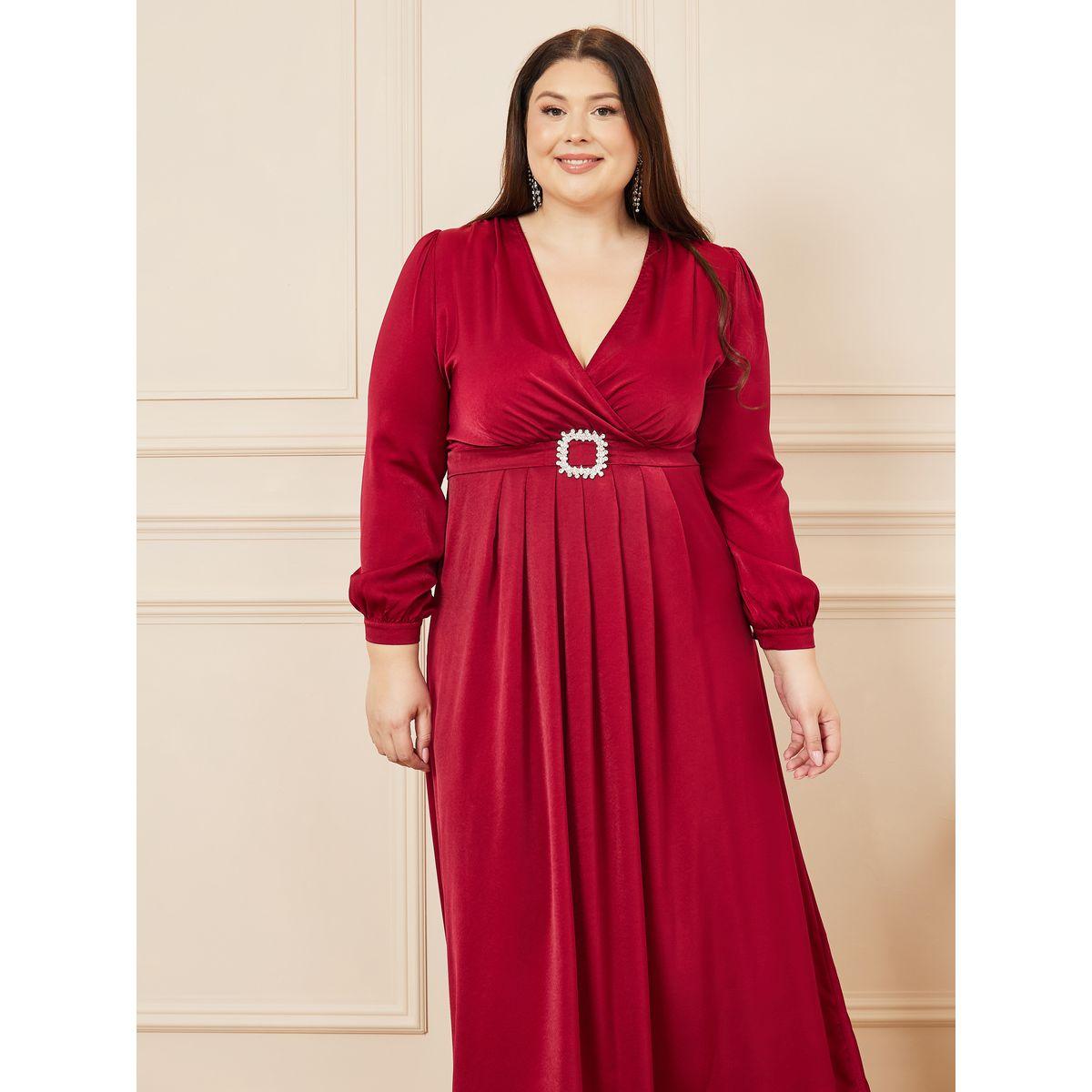 Styli Plus Embellished Buckle Pleated A-Line Maxi Dress-women-clothing-dresses-image-2