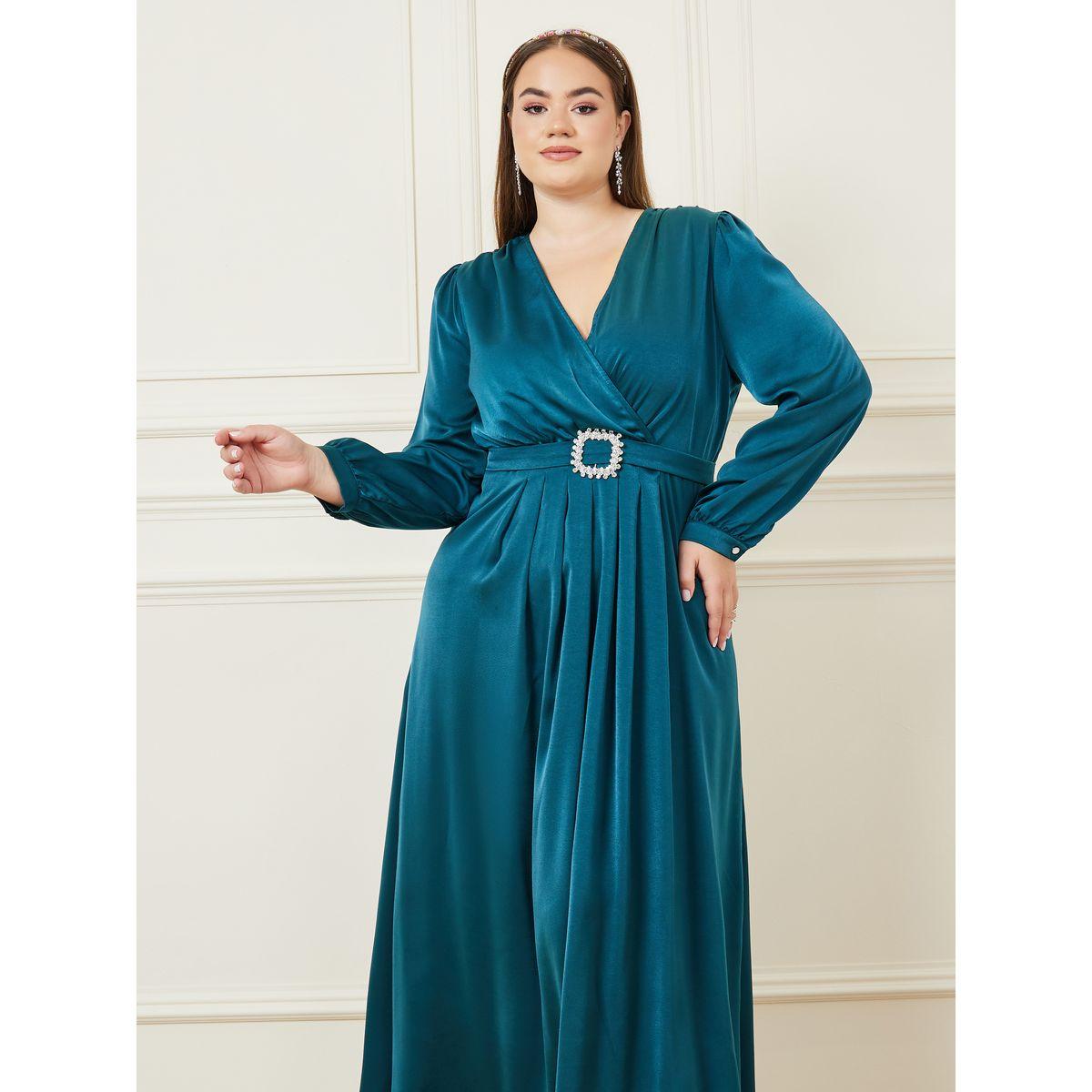 Styli Plus Solid Wrap Front Detail Maxi Dress with Embellished Belt-women-clothing-dresses-image-2
