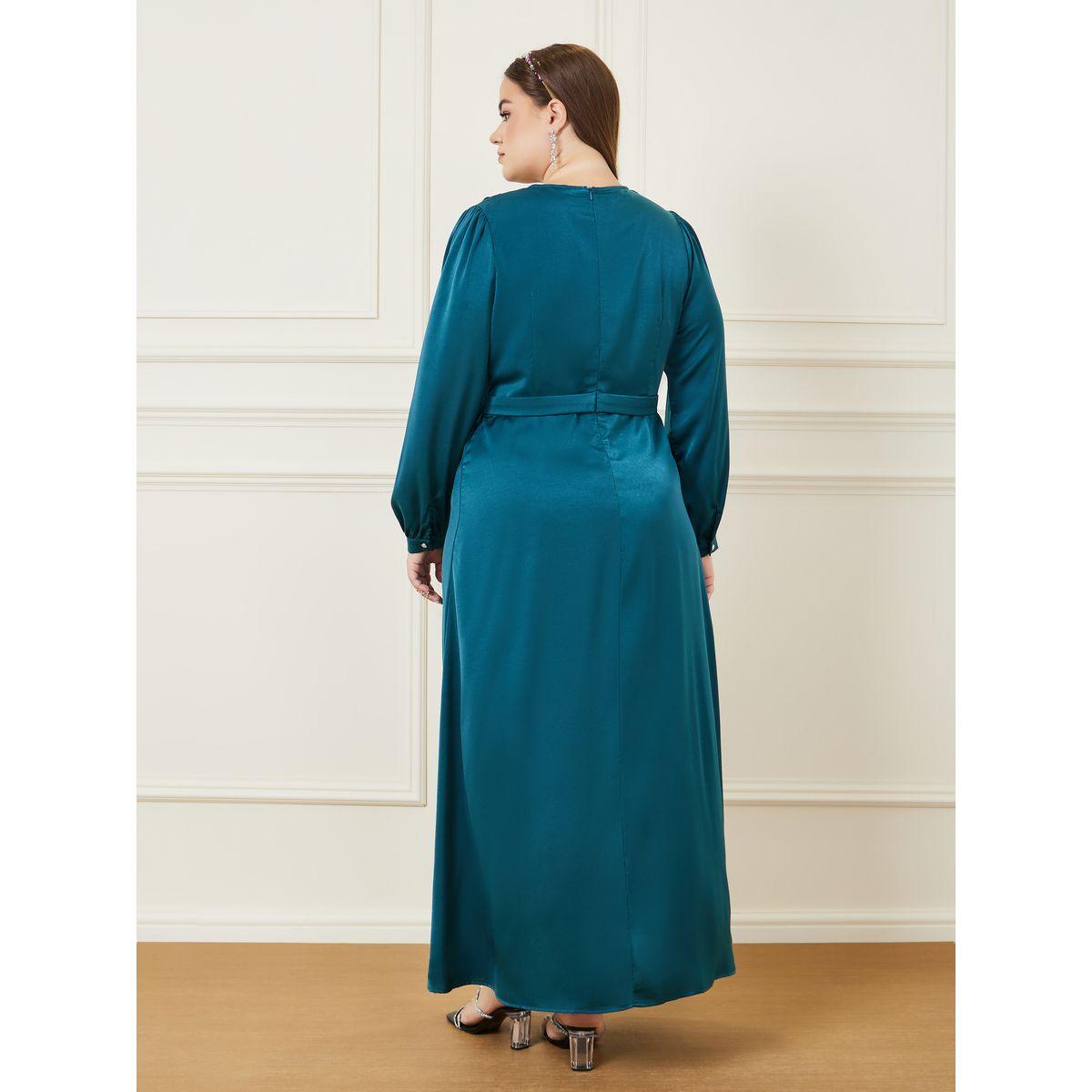 Styli Plus Solid Wrap Front Detail Maxi Dress with Embellished Belt-women-clothing-dresses-image-4