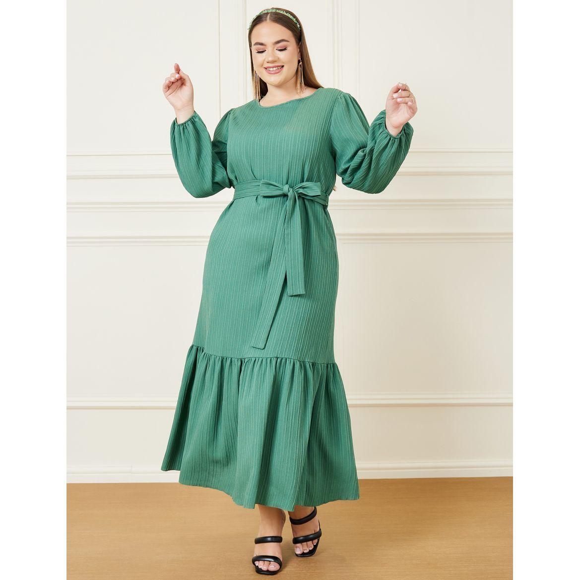 Styli Plus A-Line Maxi Dress with Front Tie Belt-women-clothing-dresses-image-1