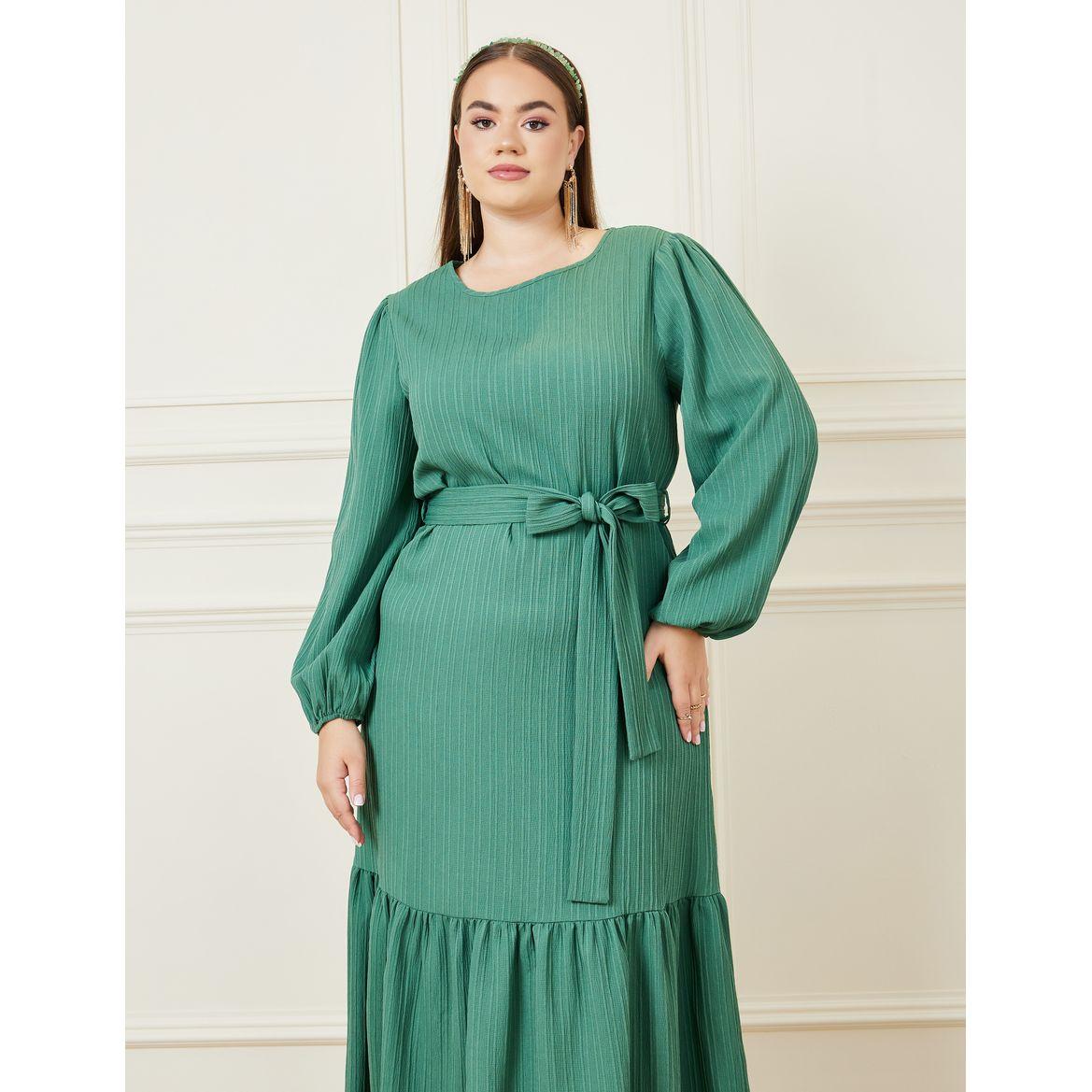 Styli Plus A-Line Maxi Dress with Front Tie Belt-women-clothing-dresses-image-2