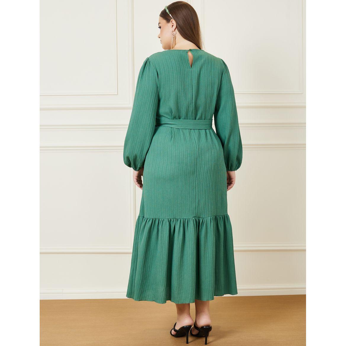 Styli Plus A-Line Maxi Dress with Front Tie Belt-women-clothing-dresses-image-4