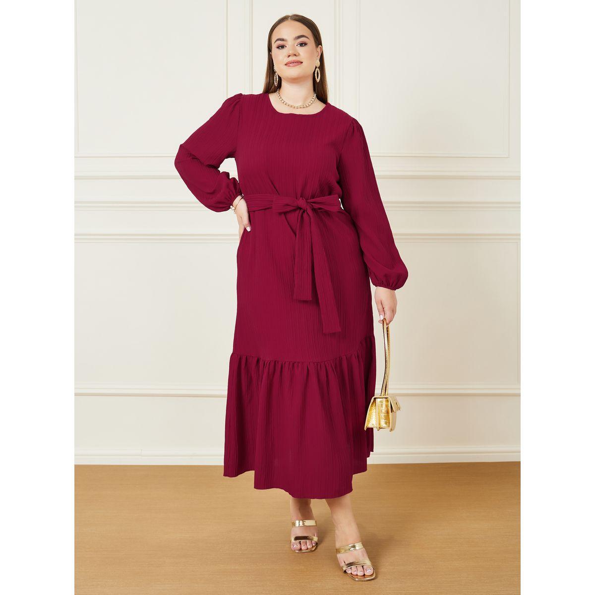 Styli Plus A-Line Maxi Dress with Front Tie Belt-women-clothing-dresses-image-1