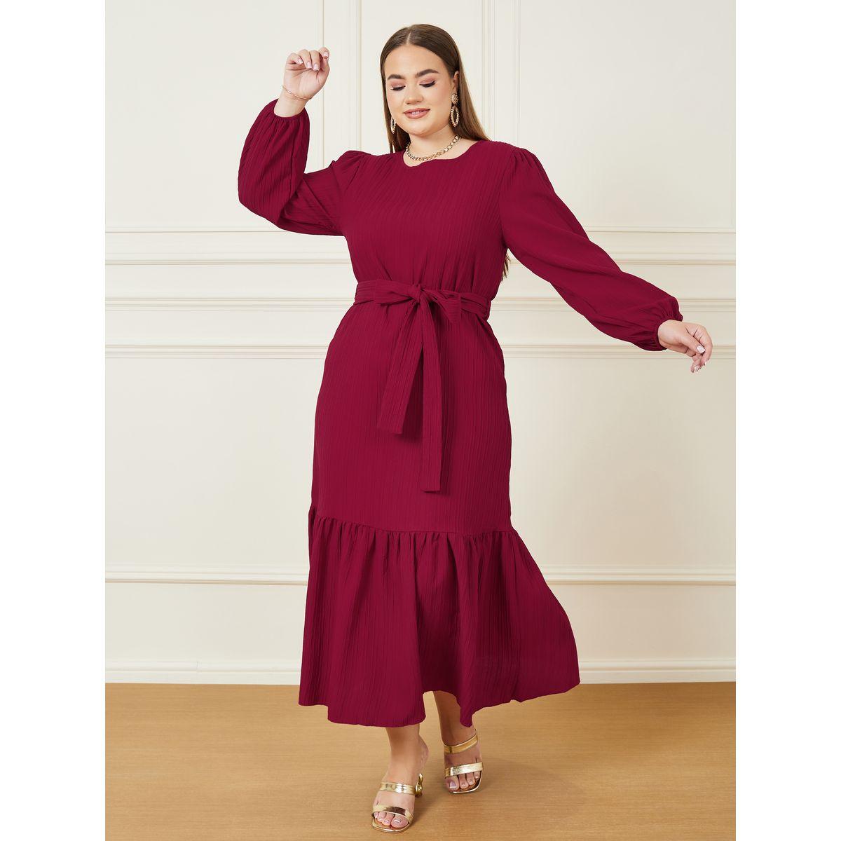 Styli Plus A-Line Maxi Dress with Front Tie Belt-women-clothing-dresses-image-2