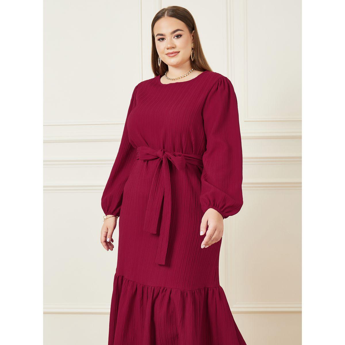 Styli Plus A-Line Maxi Dress with Front Tie Belt-women-clothing-dresses-image-3