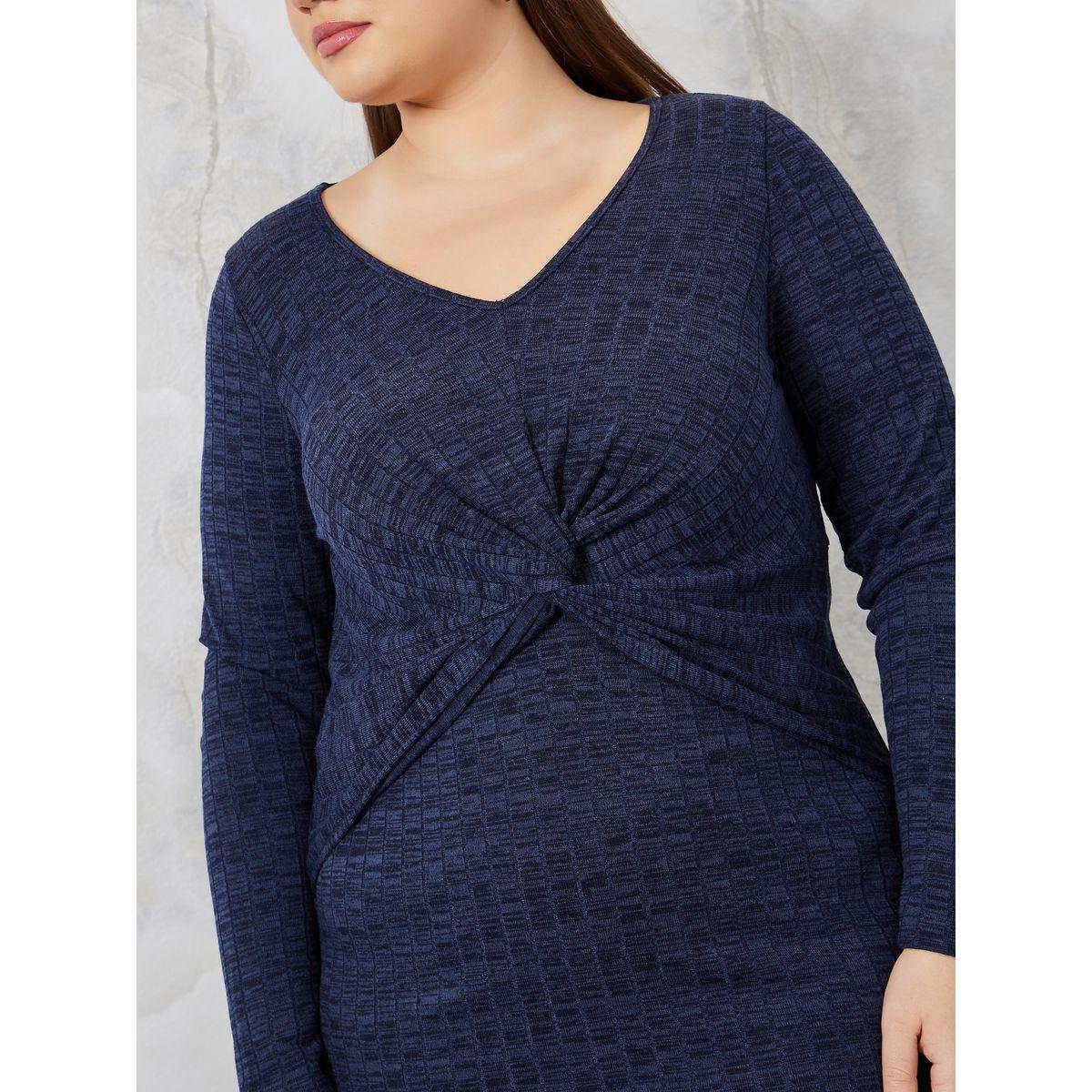 Styli Plus Textured Midi Dress with Knot Front Detail-women-clothing-dresses-image-3