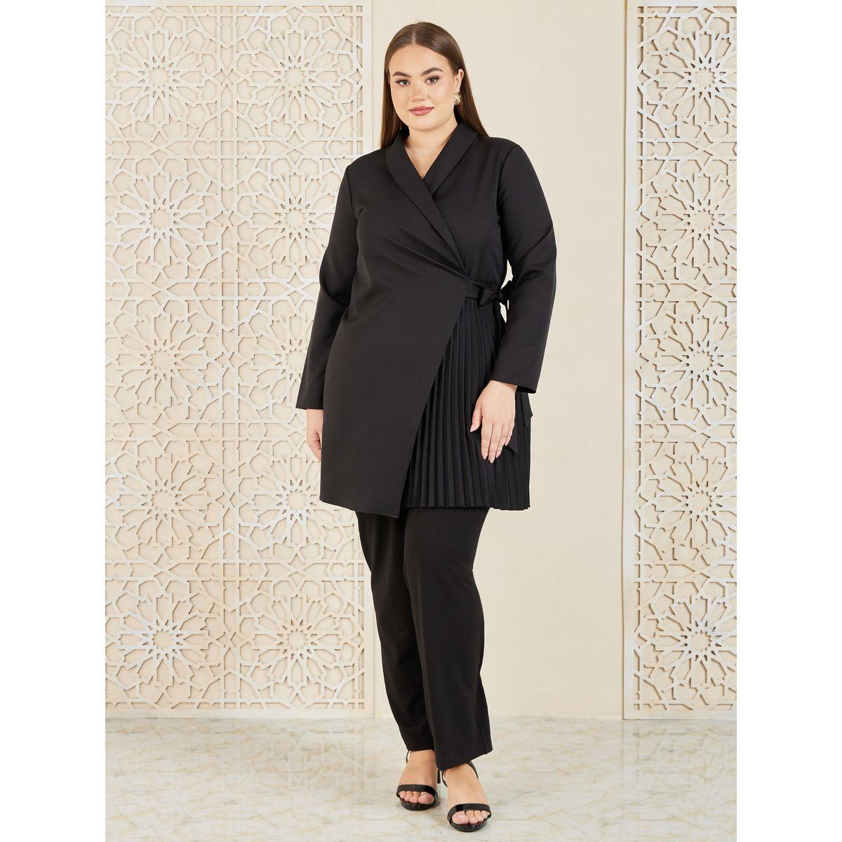 Styli Plus Long Sleeves Pleated Wrap Blazer Dress-women-clothing-dresses-image-2