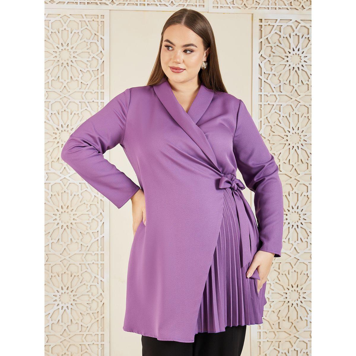 Styli Plus Long Sleeves Pleated Wrap Blazer Dress-women-clothing-dresses-image-1