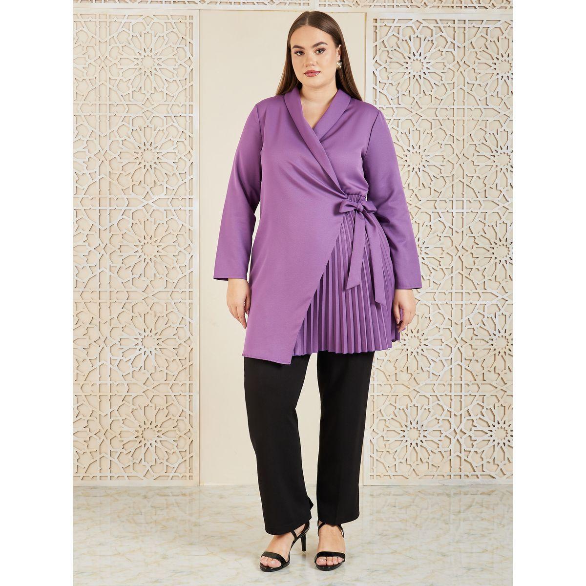 Styli Plus Long Sleeves Pleated Wrap Blazer Dress-women-clothing-dresses-image-2