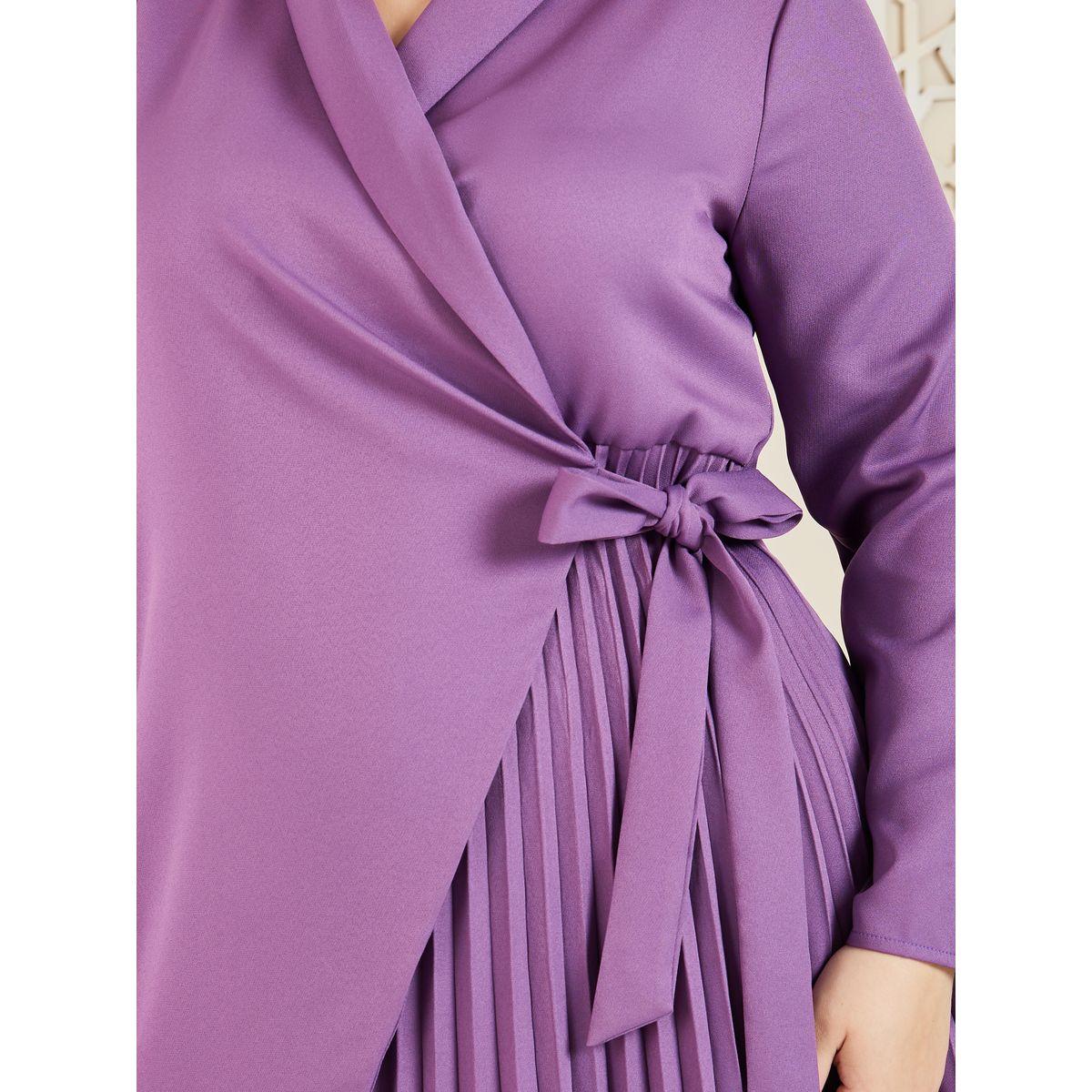 Styli Plus Long Sleeves Pleated Wrap Blazer Dress-women-clothing-dresses-image-3