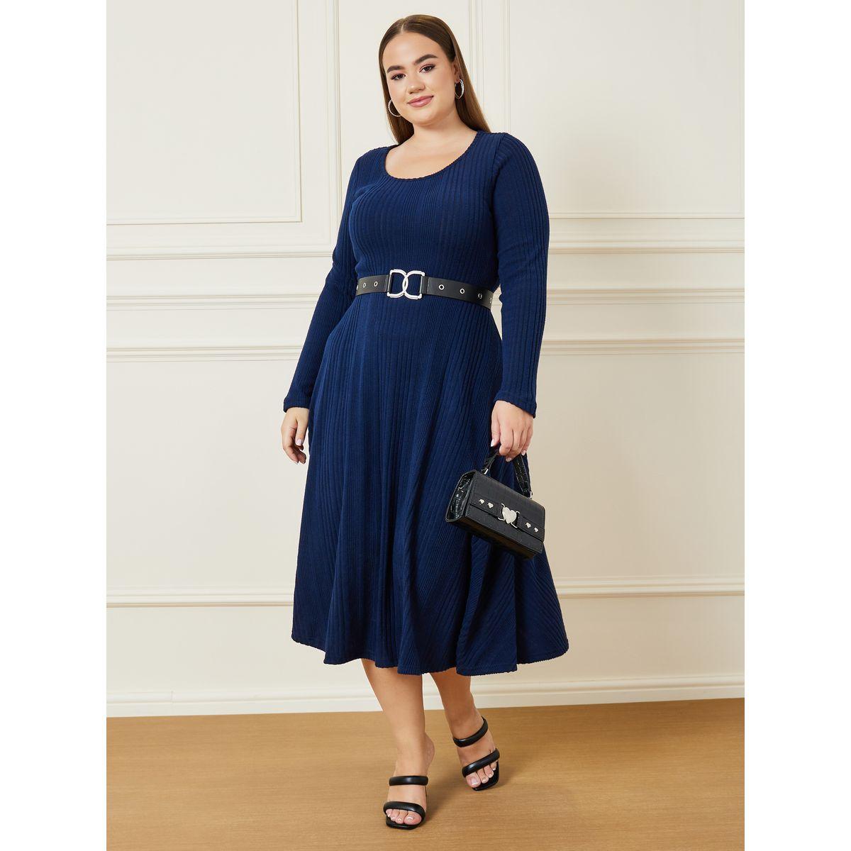 Styli Plus Textured Long Sleeves Midi Dress with Belt-women-clothing-dresses-image-1