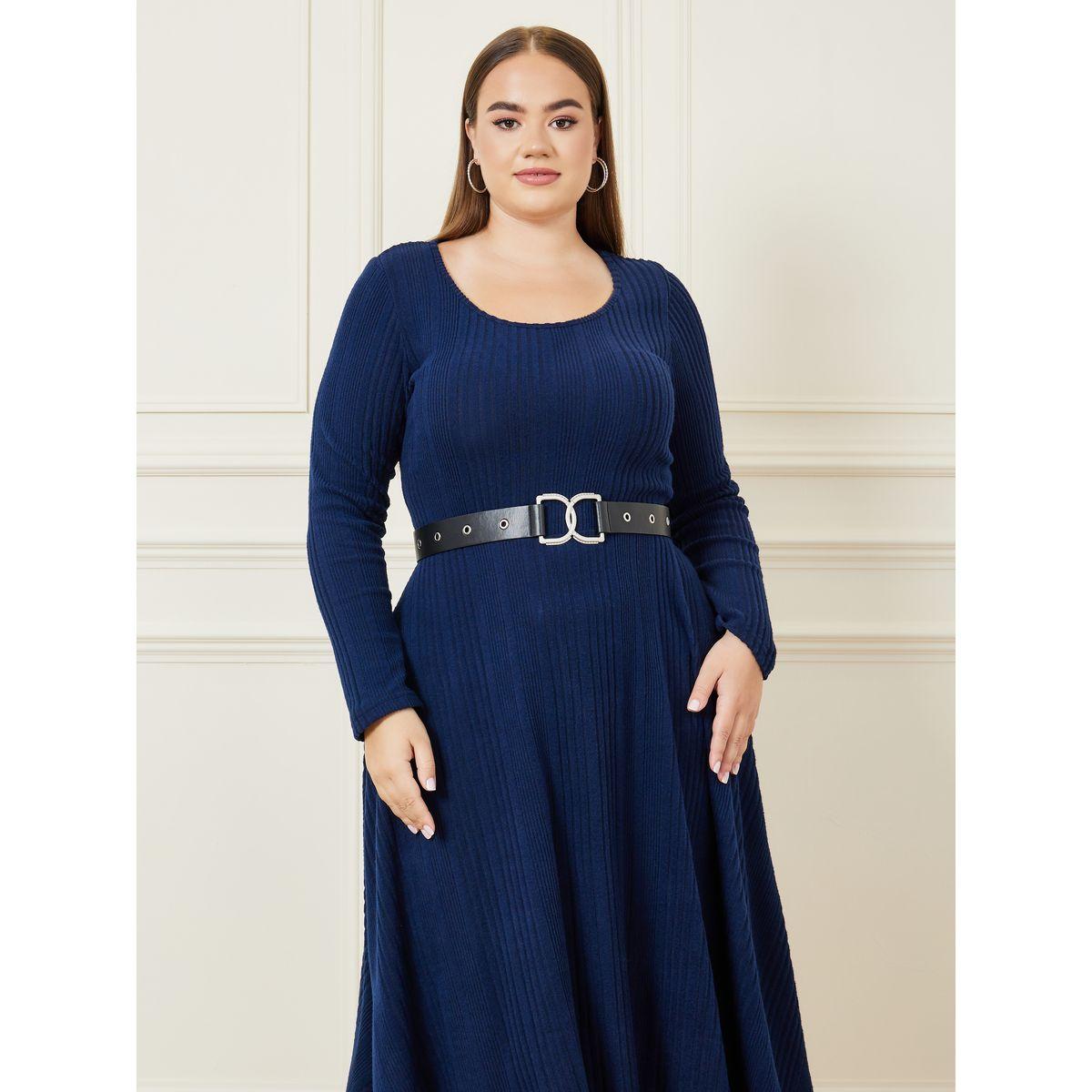 Styli Plus Textured Long Sleeves Midi Dress with Belt-women-clothing-dresses-image-2