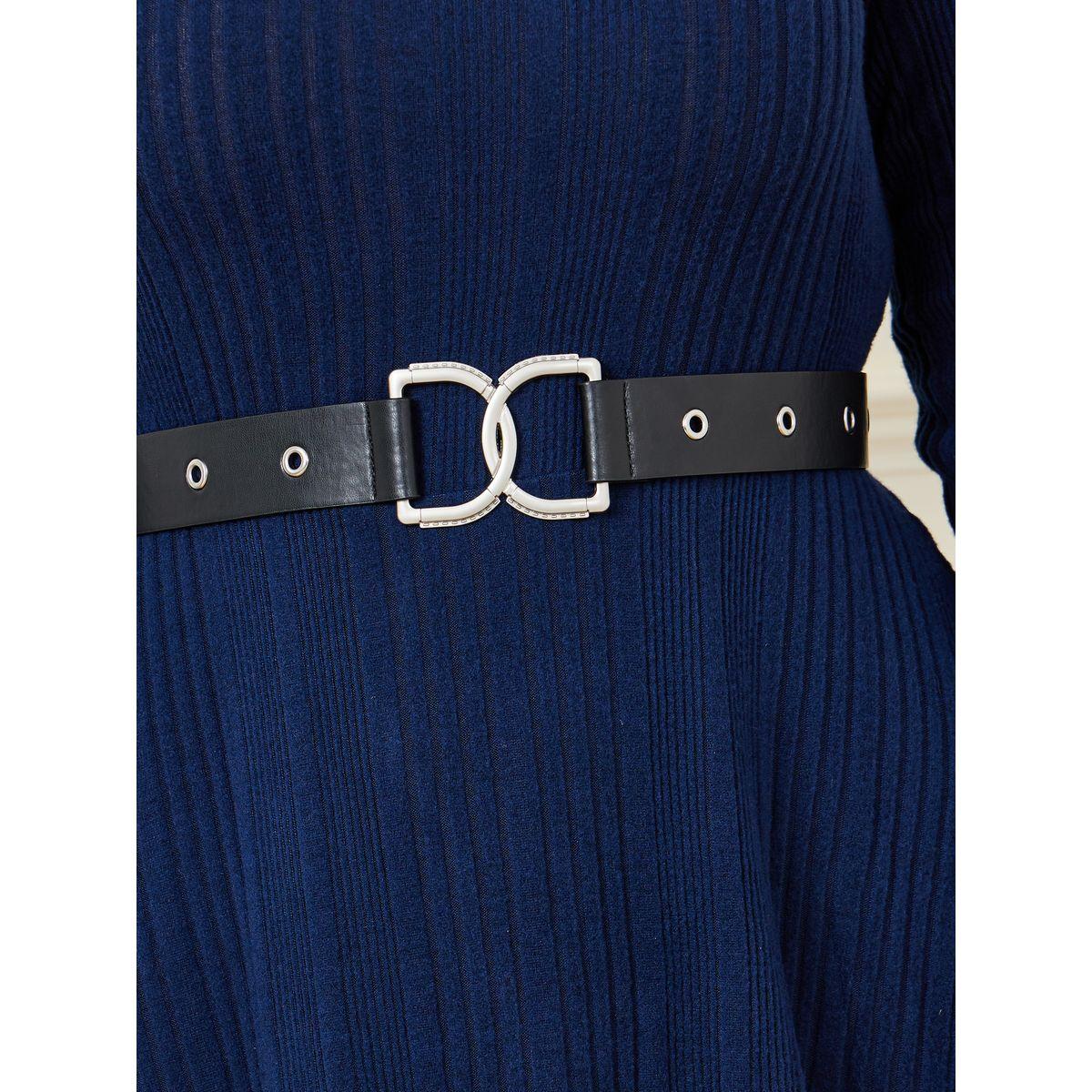 Styli Plus Textured Long Sleeves Midi Dress with Belt-women-clothing-dresses-image-3