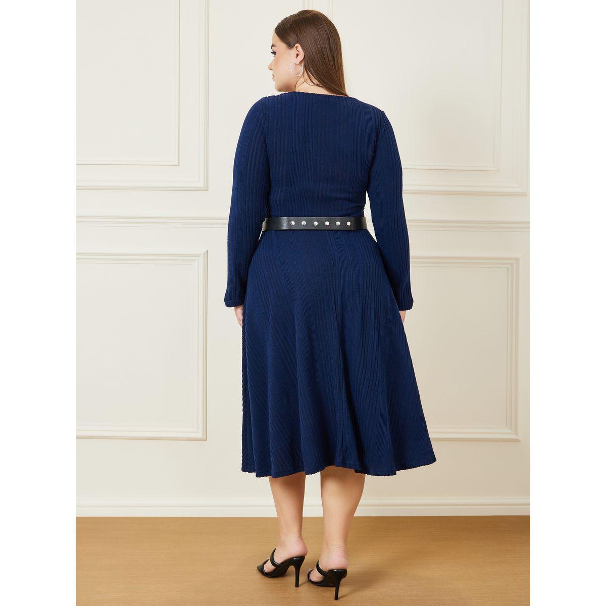 Styli Plus Textured Long Sleeves Midi Dress with Belt-women-clothing-dresses-image-4