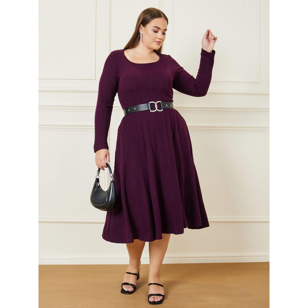 Styli Plus Textured Long Sleeves Midi Dress with Belt-women-clothing-dresses-image-1