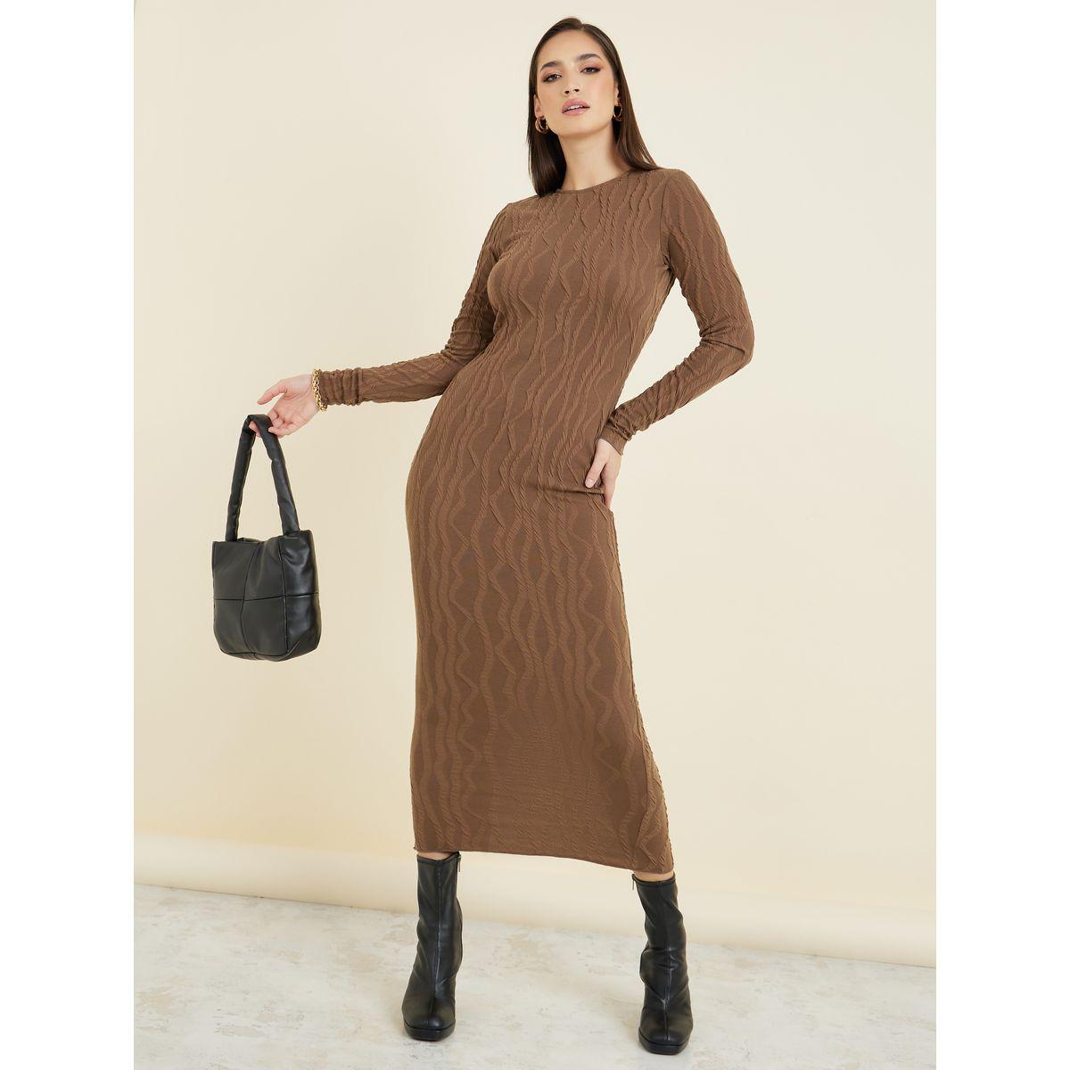 Styli Textured Self Design Bodycon Maxi Dress with Back Slit-women-clothing-dresses-image-1
