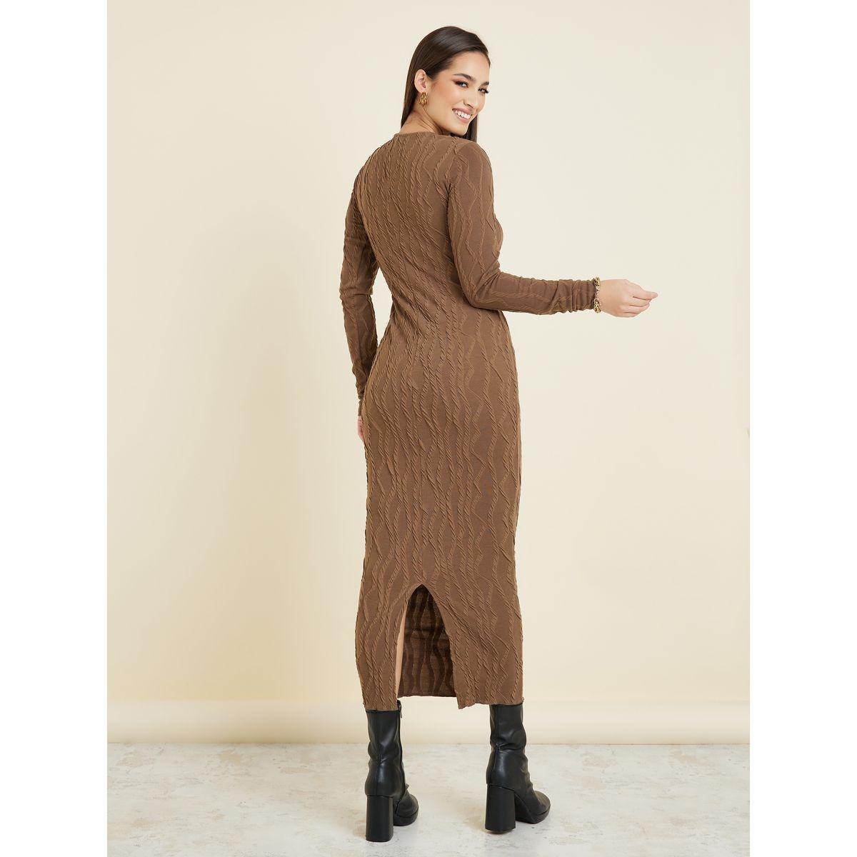 Styli Textured Self Design Bodycon Maxi Dress with Back Slit-women-clothing-dresses-image-4