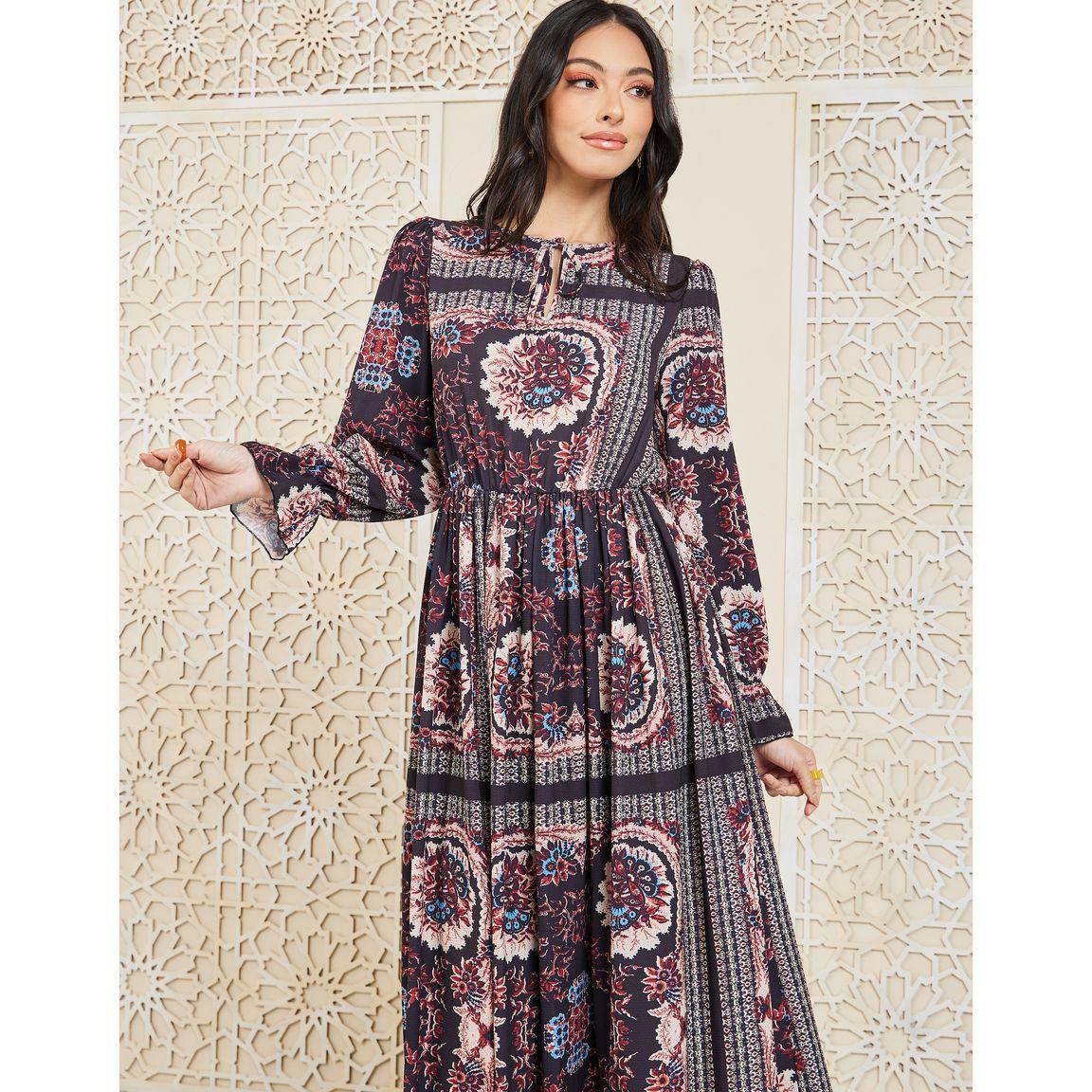 Styli Floral Print Gathered Detail A-Line Maxi Dress-women-clothing-dresses-image-2
