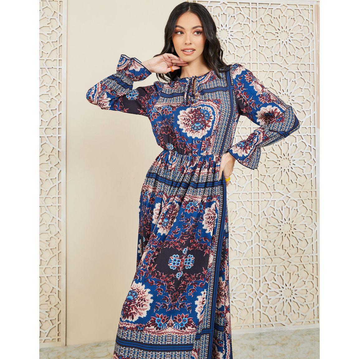 Styli Floral Print Gathered Detail A-Line Maxi Dress-women-clothing-dresses-image-2