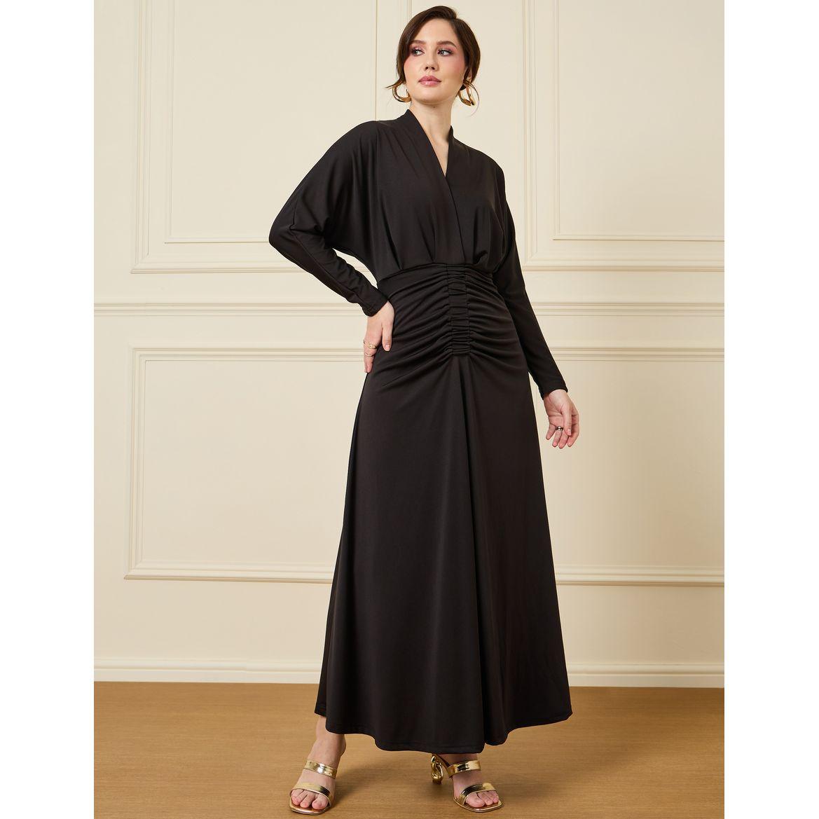 Styli Gathered V Neck Maxi Dress-women-clothing-dresses-image-1